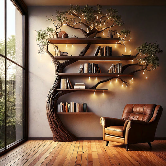 VerdantRise Tree Bookshelf | Floor-to-Wall Bookcase with Faux Leaves - Bespoke Wood TTK