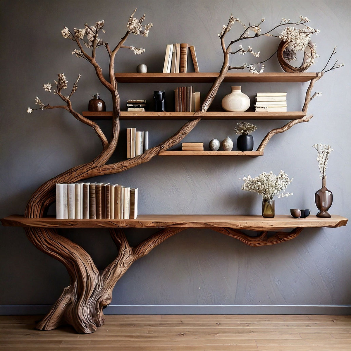 BloomTrunk Tree Console Table | Handmade Rustic Shelf with Live Edge - Bespoke Wood TTK