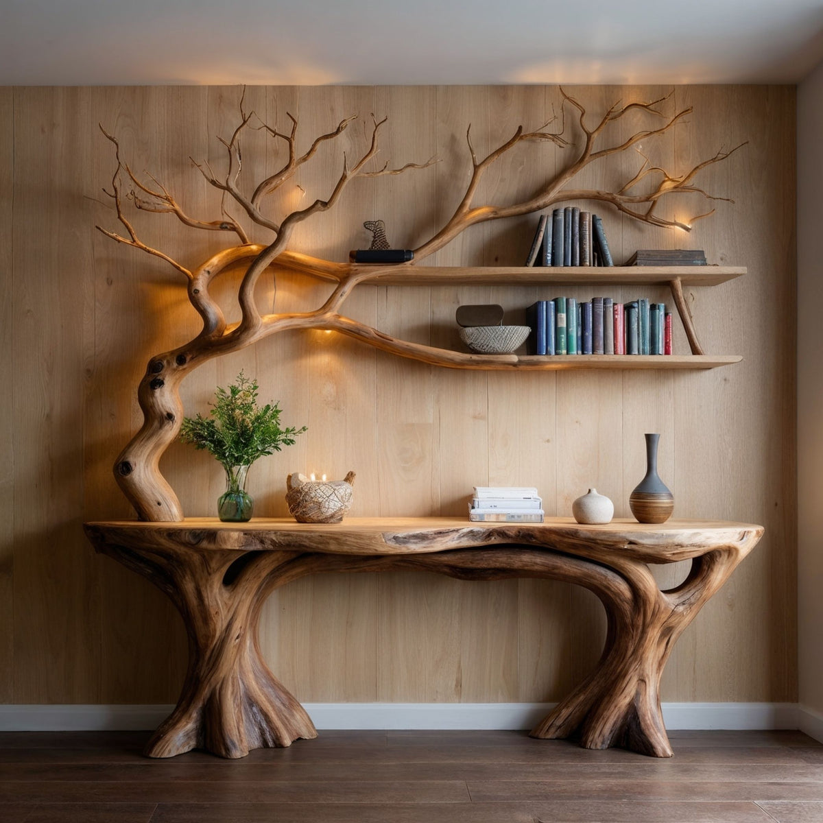 BranchFlow Console Table | Live Edge Table with Tree Bookshelf Display - Bespoke Wood TTK