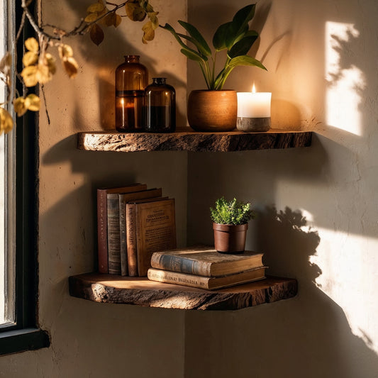 StoryNest floating corner shelf in rustic room with natural lighting