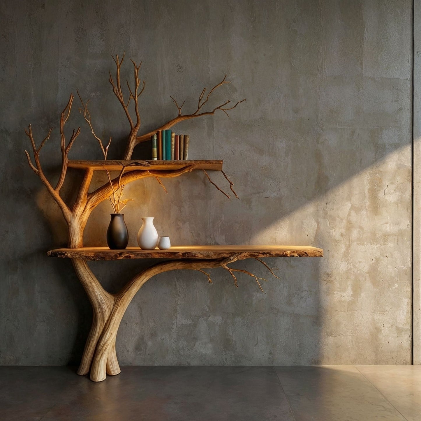 TrunkForm Tree Branch Console Shelf | Handmade Montessori Book Table