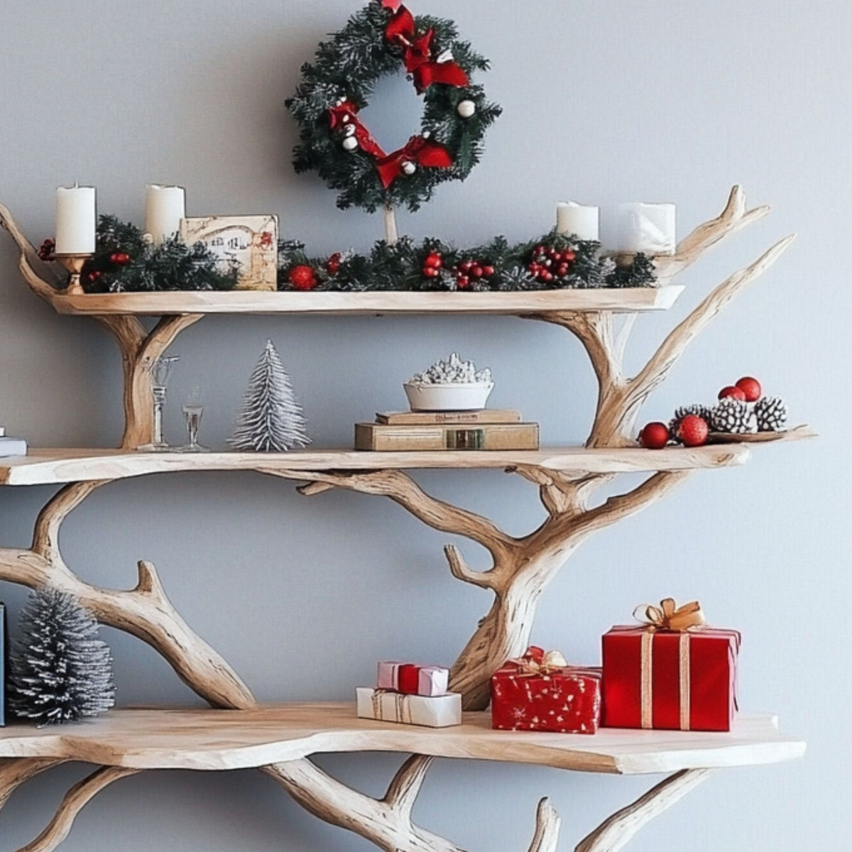 WinterBranch Tree Shelf Console | Live Edge Table for Holiday Decor - Bespoke Wood TTK
