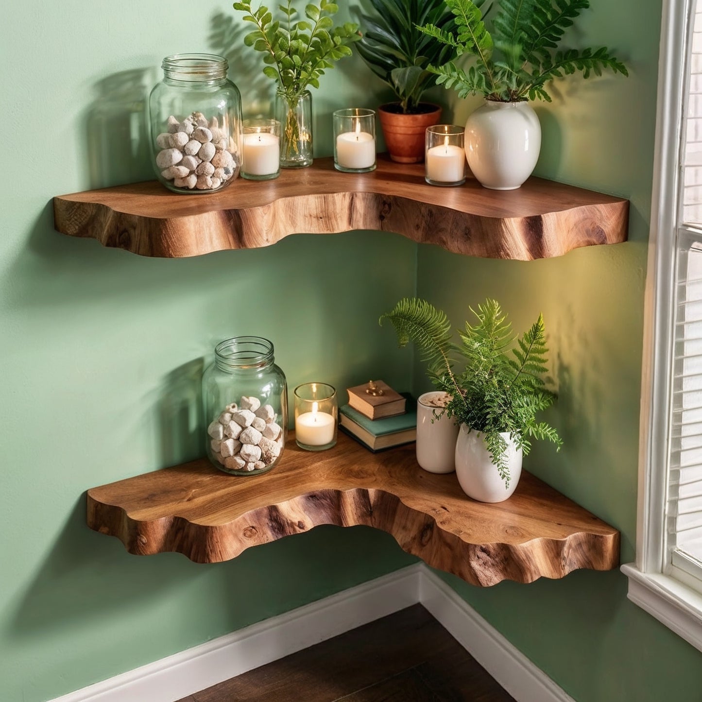FernCove Corner Shelf – Live Edge Solid Wood Wall Bookshelf - Bespoke Wood TTK
