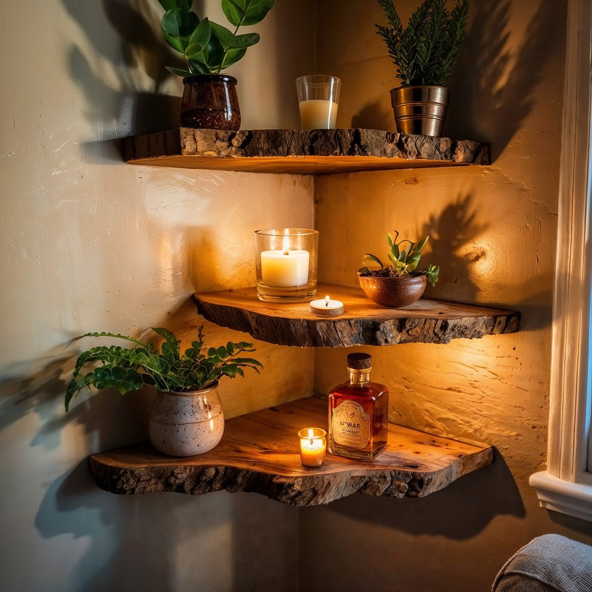 Rustic Wood Corner Shelf – Live Edge Floating Bookshelf, Wall-Mounted Home Decor, Handmade Gift Idea