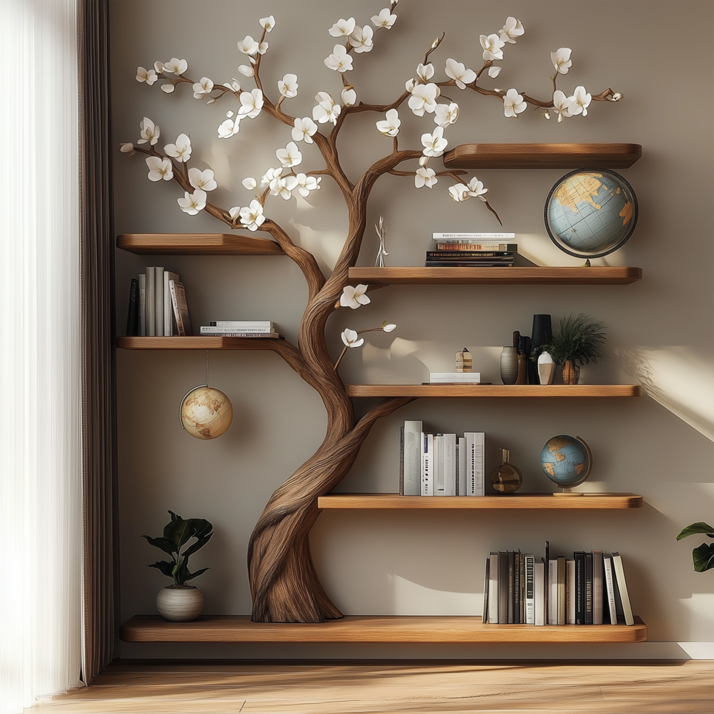 BlossomTree Bookshelf – Handcrafted Wood Tree Shelf with Floral Rustic Decor Accent - Bespoke Wood TTK