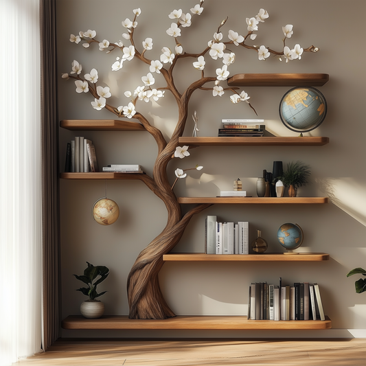 BlossomTree Bookshelf – Handcrafted Wood Tree Shelf with Floral Rustic Decor Accent - Bespoke Wood TTK