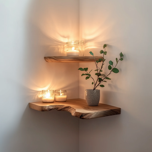 Nestloom Corner Floating Shelf - Live Edge Solid Wood Nursery & Farmhouse Wall Accent