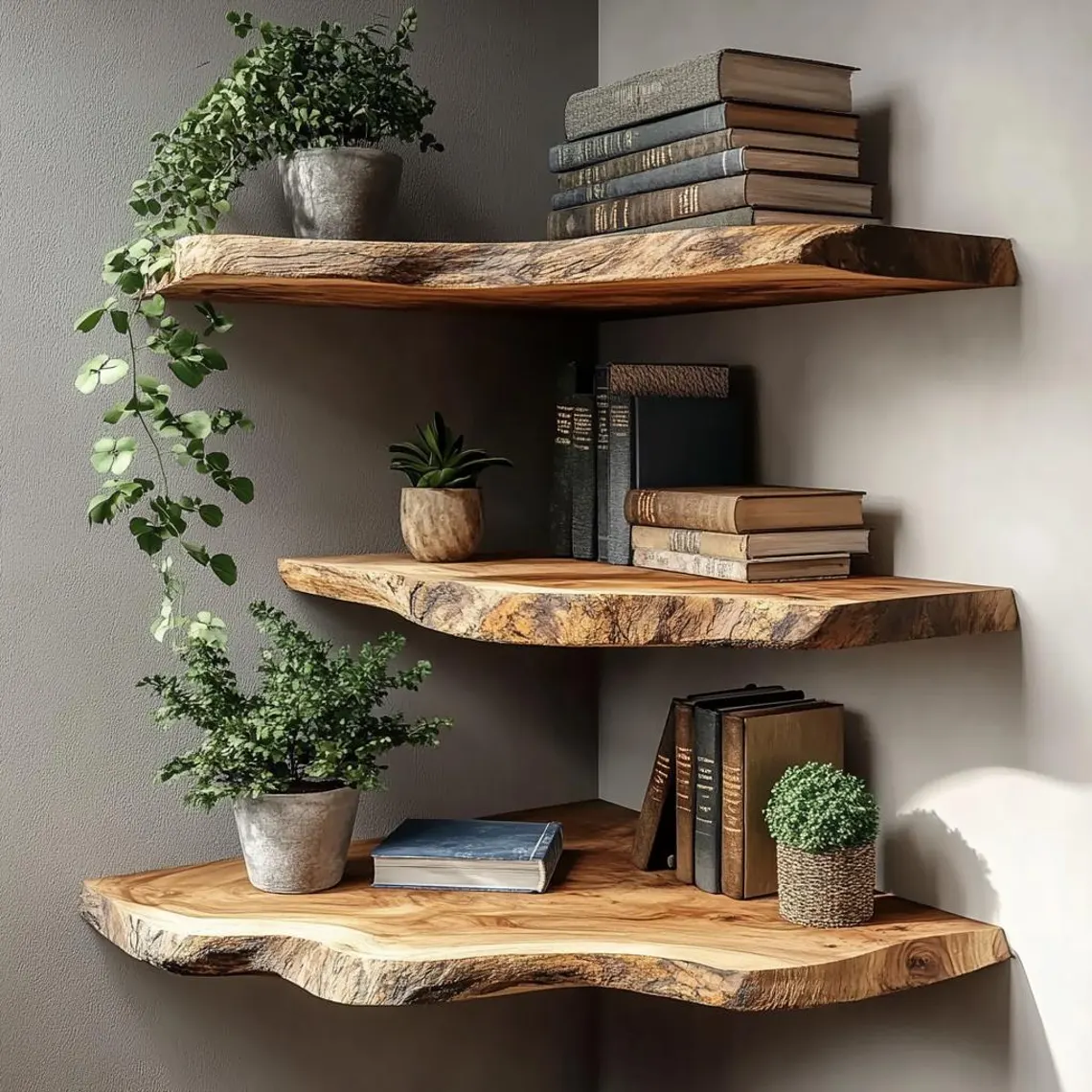 Grainhollow Corner Floating Shelf - Live Edge Rustic Solid Wood Wall Shelves For Home Decor