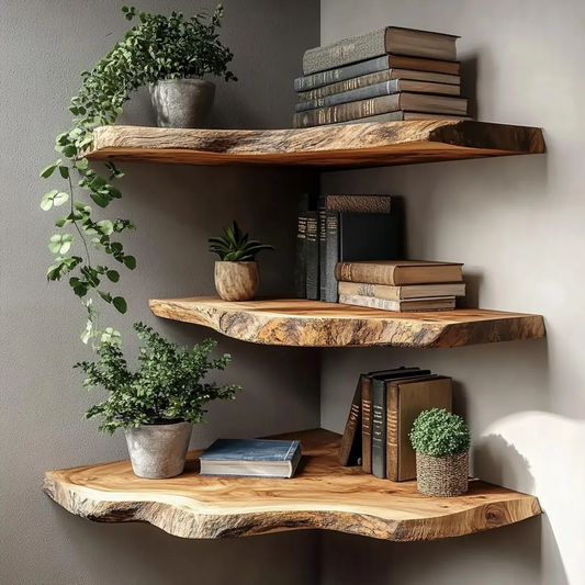 Grainhollow Corner Floating Shelf - Live Edge Rustic Solid Wood Wall Shelves For Home Decor
