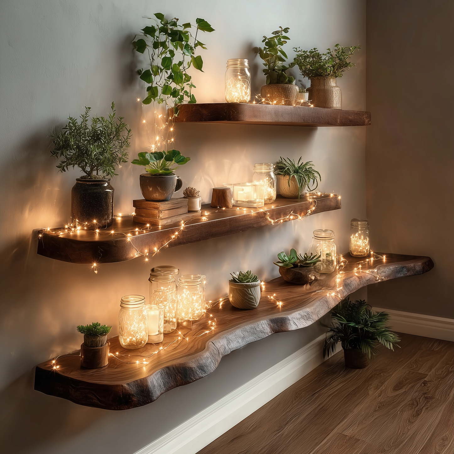 GrainHaven Floating Shelves – Live Edge Solid Wood Wall Display for Rustic Home Decor