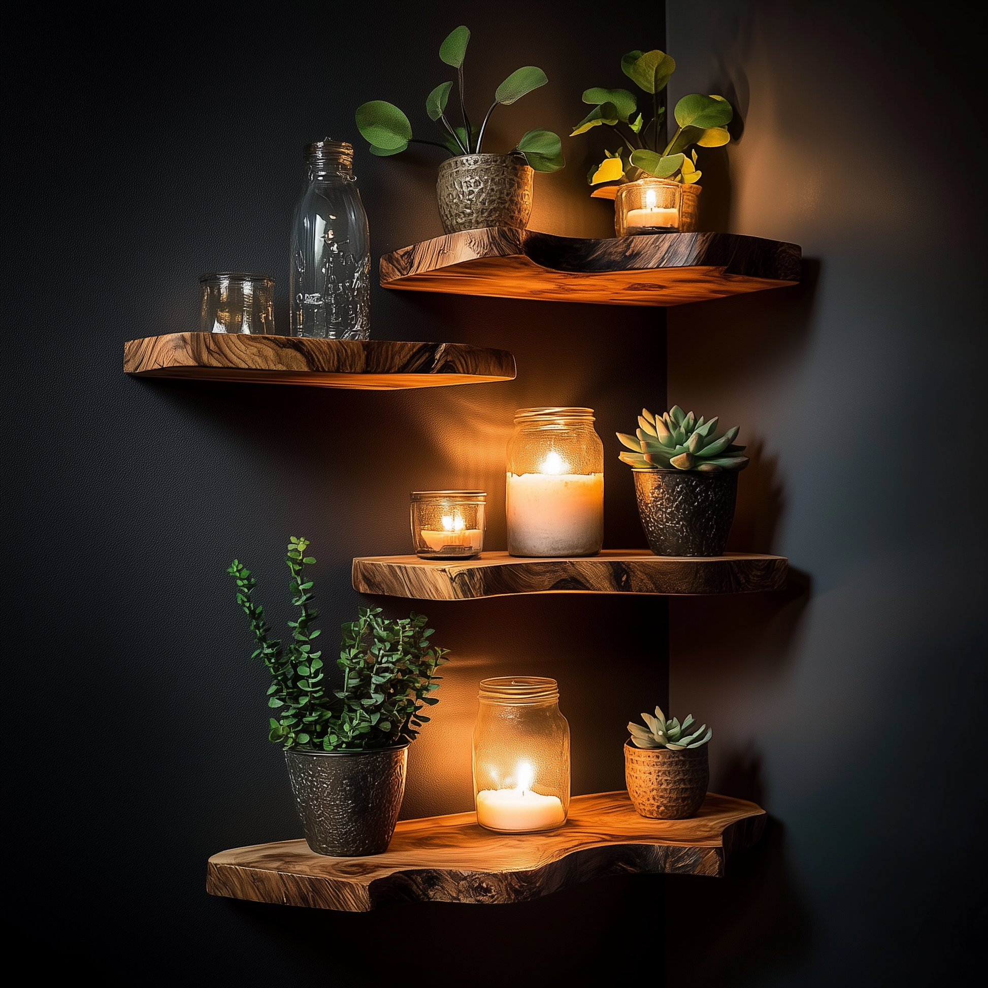 BranchWeave Floating Corner Shelf – Custom Live Edge Solid Wood Bookshelves for Rustic Homes