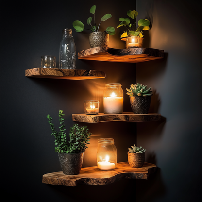 BranchWeave Floating Corner Shelf – Custom Live Edge Solid Wood Bookshelves for Rustic Homes