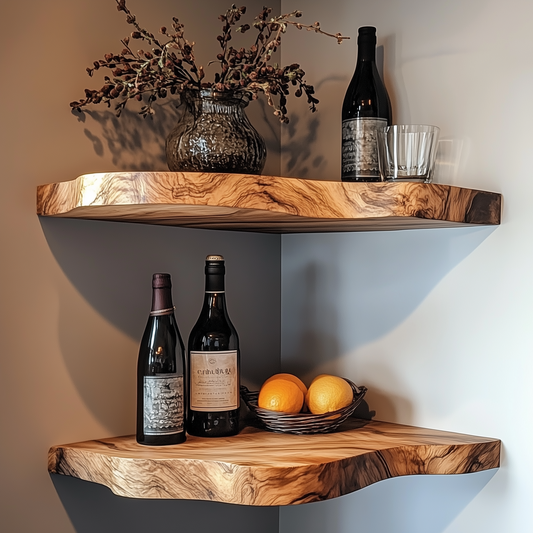 Rootnest Corner Floating Shelf - Handcrafted Live Edge Floating Wood Shelf For Kitchen Or Bar Decor