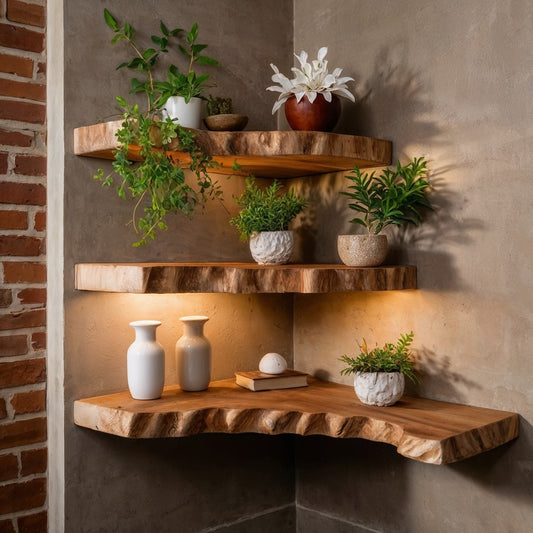 WoodBloom Corner Shelf – Handmade Live Edge Floating Wood Shelves for Boho & Japandi Interiors