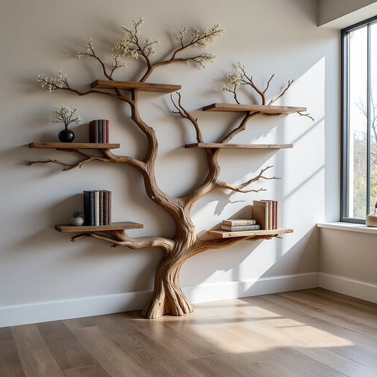 Grainsculpt Tree Bookshelf  Handcrafted Live Edge Driftwood Branch Bookcase For Rustic Living Room Decor