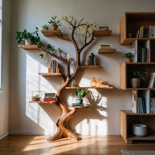 Branchaura Tree Bookshelf  Handmade Driftwood Wooden Bookcase For Rustic Vintage Living Room Decor