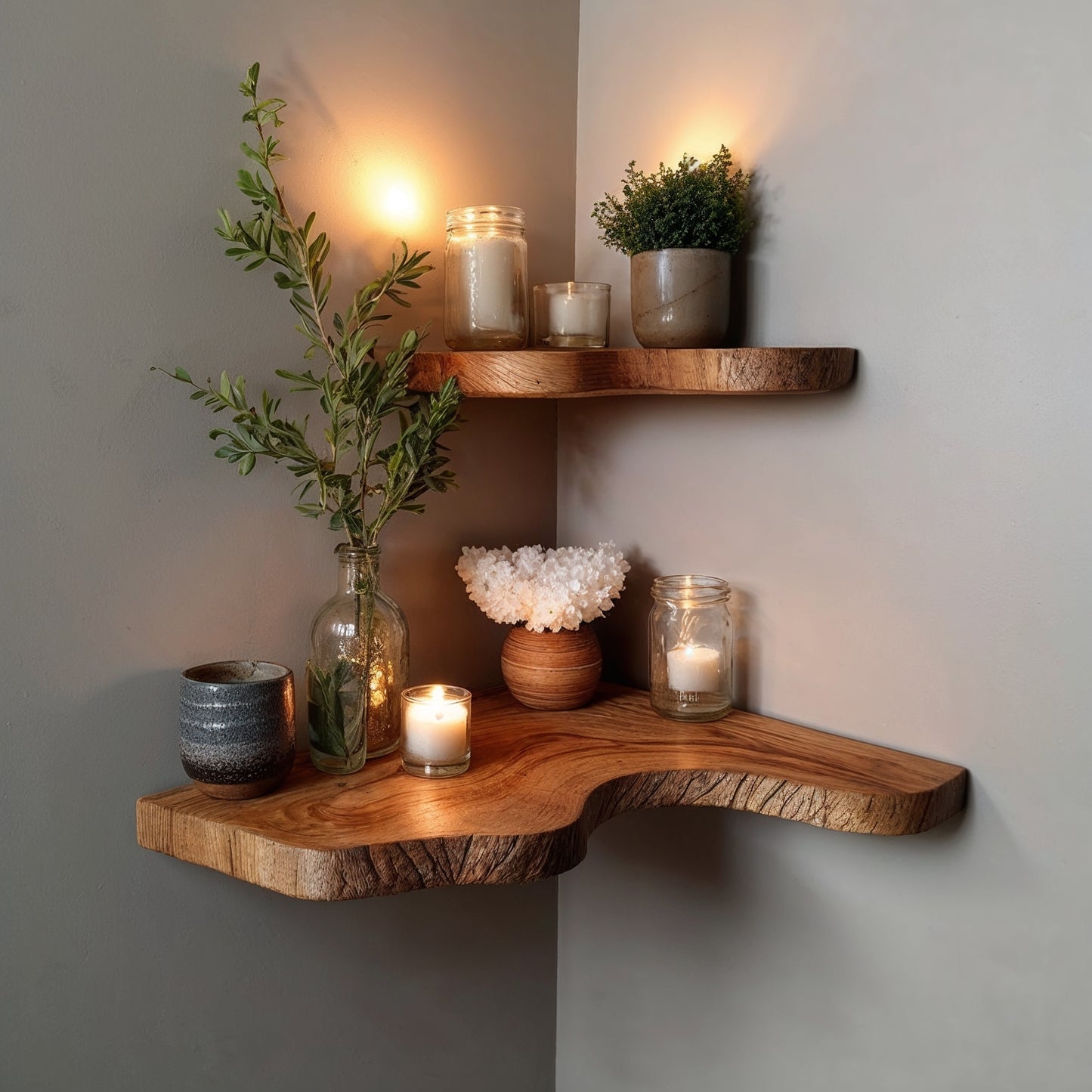 TrunkNest Corner Wall Shelf – Rustic Live Edge Floating Bookshelf for Housewarming & Decor