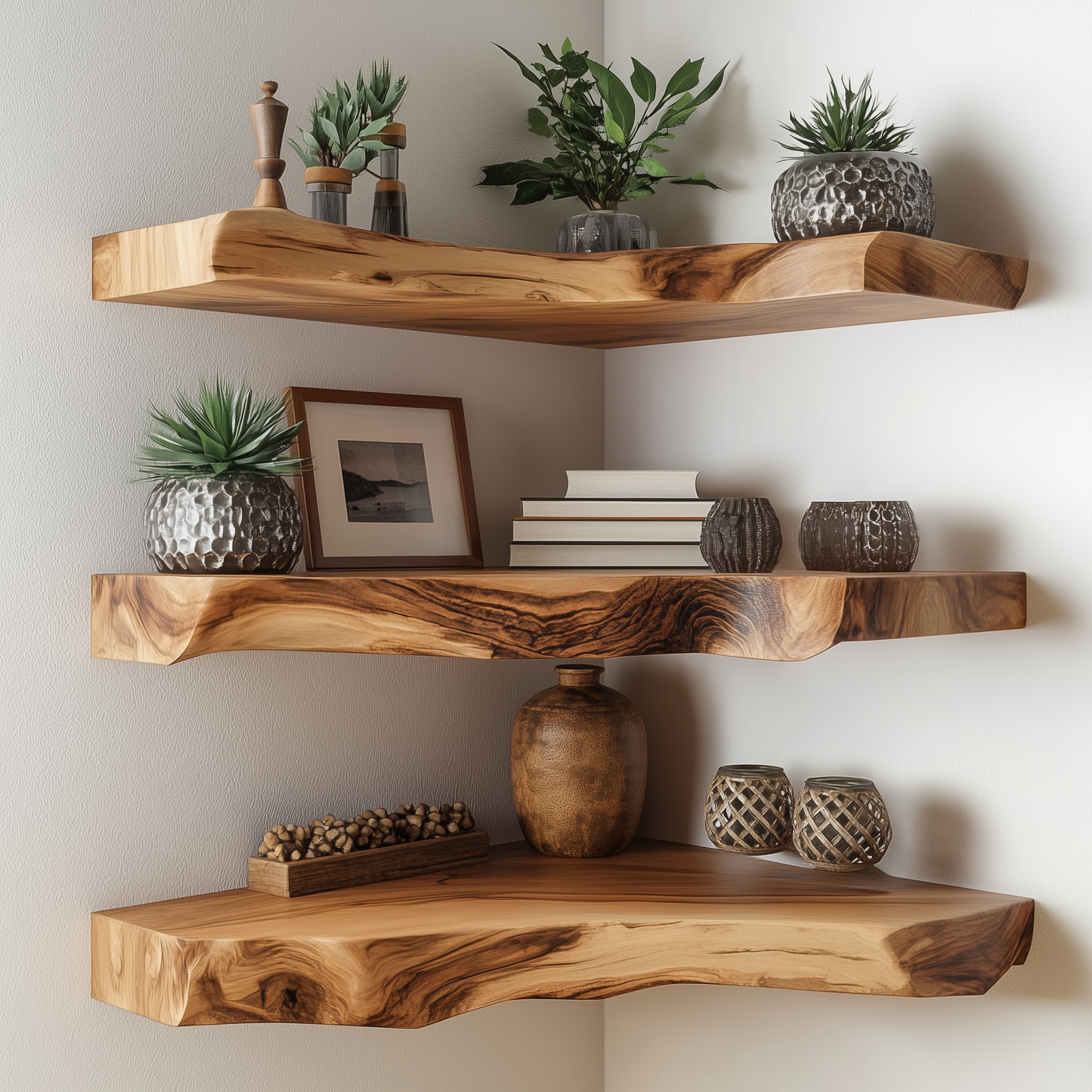 Trunkluxe Corner Floating Shelf - Rustic Live Edge Wood Wall Shelves For Storage & Decor