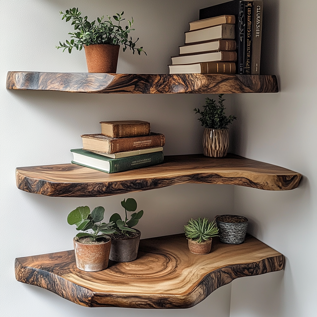 Woodfern Corner Wall Shelf - Live Edge Wooden Floating Shelf For Home Decor & Gift Ideas