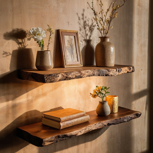 RustiNest Solid Wood Live Edge Floating Shelf – Wall Decor Display - Bespoke Wood TTK