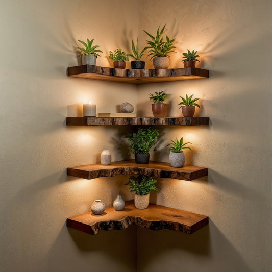 GlowEdge Corner Shelf – Handcrafted Live Edge Wall-Mounted Bookshelf - Bespoke Wood TTK