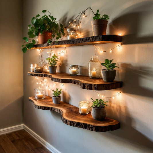 GlowLedge Floating Shelf – Rustic Live Edge Wood Display With Cozy Farmhouse Charm - Bespoke Wood TTK