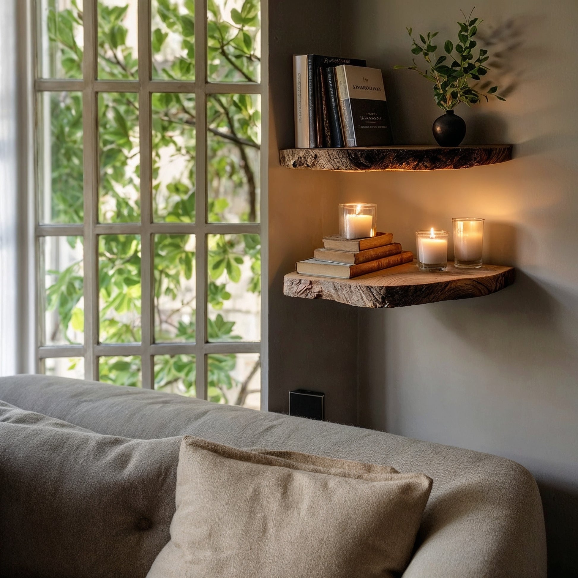 WoodHaven Corner Live Edge Shelf – Rustic Floating Wall Display - Bespoke Wood TTK