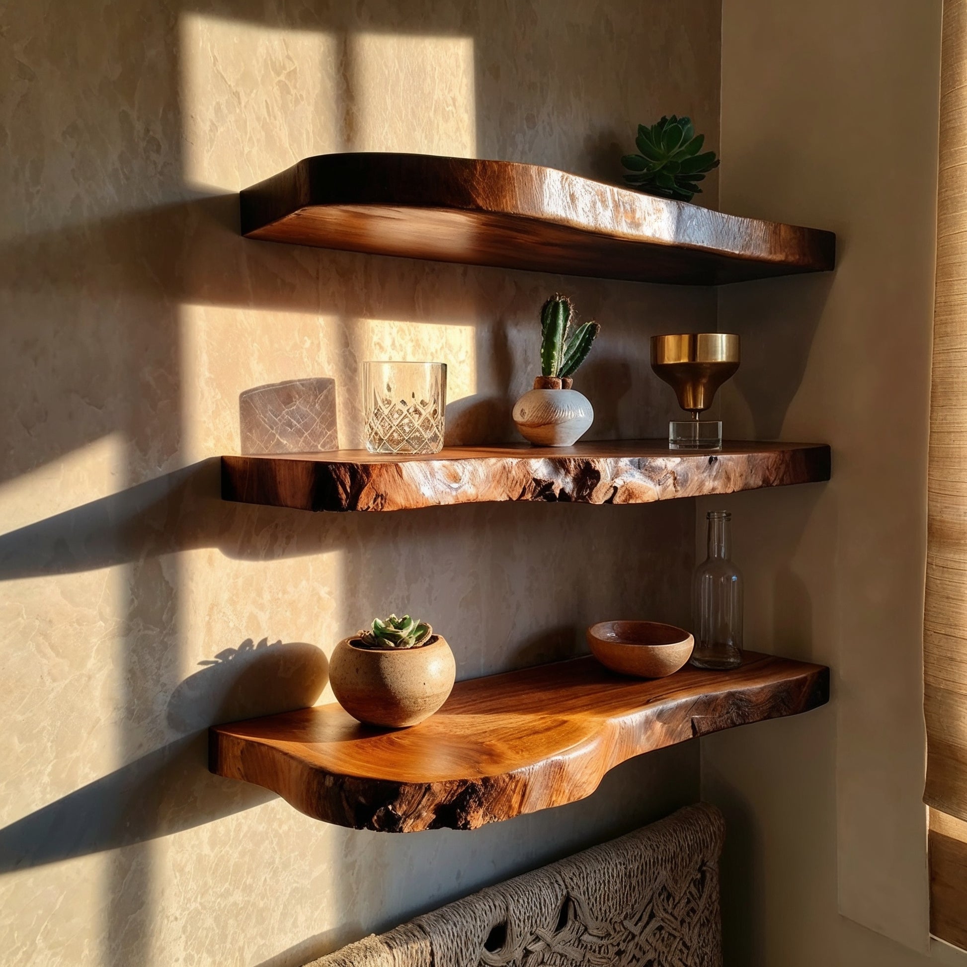 TimberFlow Solid Wood Live Edge Floating Shelf – Corner Wall Display - Bespoke Wood TTK