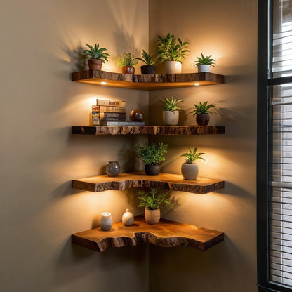 GlowEdge Corner Shelf – Handcrafted Live Edge Wall-Mounted Bookshelf - Bespoke Wood TTK