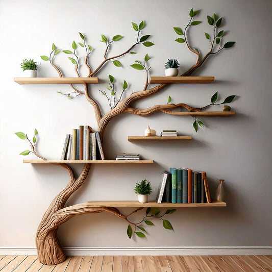 LeafNest Tree Bookshelf – Nature-Inspired Wall Bookcase with Live Edge Wood Shelves - Bespoke Wood TTK