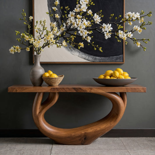 FlowForm Console Table – Sculptural Solid Wood Entryway Table with Live Edge Top - Bespoke Wood TTK