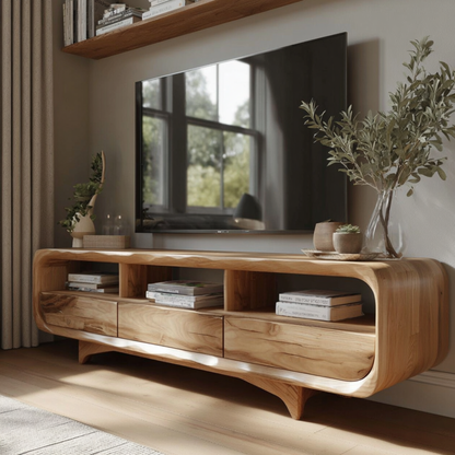 Handcrafted Solid Wood Floating Media Unit | Mid Century TV Stand with Storage - Bespoke Wood TTK