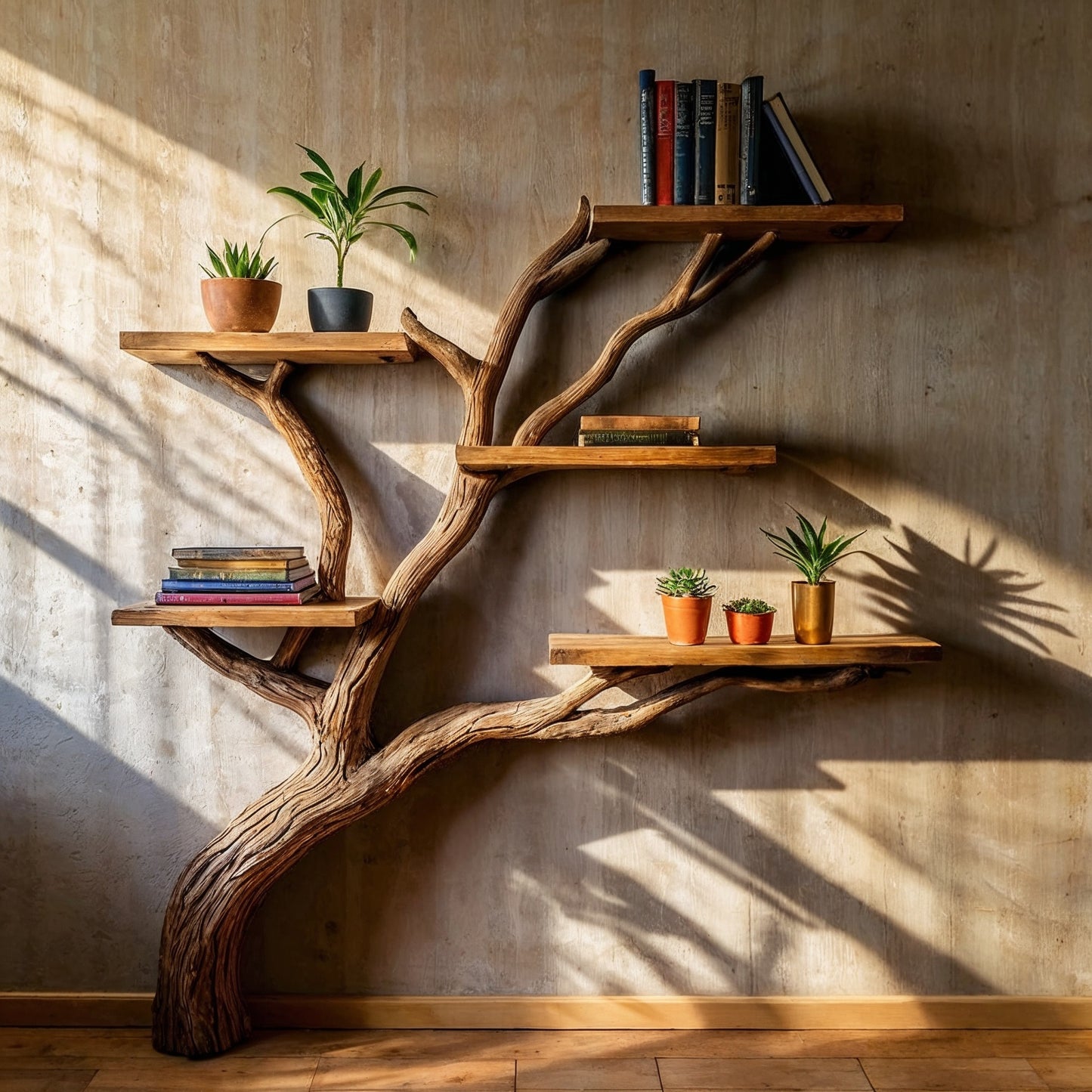 SunBranch Tree Shelf – Wall-Mounted Wooden Bookcase with Rustic Driftwood Look - Bespoke Wood TTK