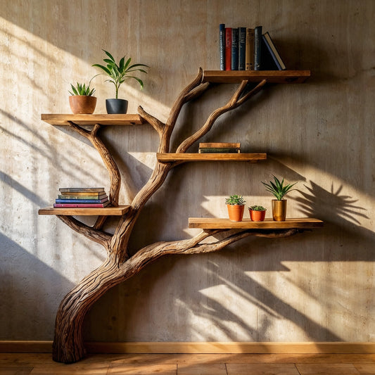 SunBranch Tree Shelf – Wall-Mounted Wooden Bookcase with Rustic Driftwood Look - Bespoke Wood TTK