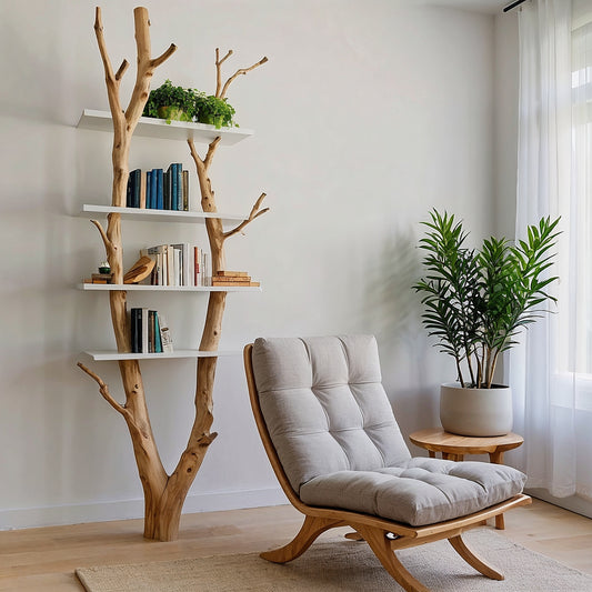 ElmRise Tree Bookshelf – Vertical Branch Wall Shelf for Modern Minimalist Homes - Bespoke Wood TTK