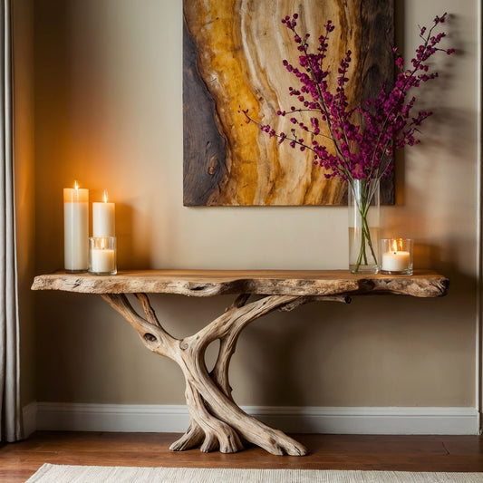 GrainRoot Console Table – Handmade Narrow Live Edge Wood Table for Entryway - Bespoke Wood TTK