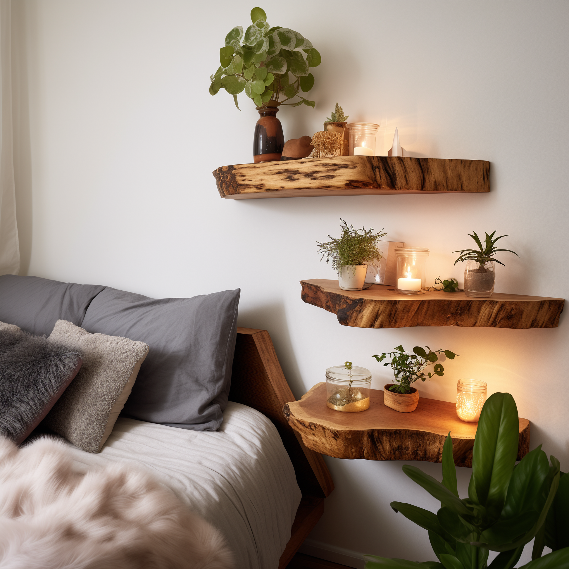 GlowFern Corner Shelf – Rustic Live Edge Floating Bookshelf for Cozy Spaces - Bespoke Wood TTK