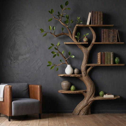 LeafBend Tree Bookshelf – Handmade Wooden Branch Shelf for Natural Wall Decor - Bespoke Wood TTK