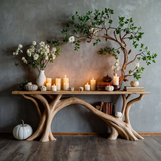 CanopyBloom Tree Console Table – Natural Wood Entryway with Branch Shelf - Bespoke Wood TTK