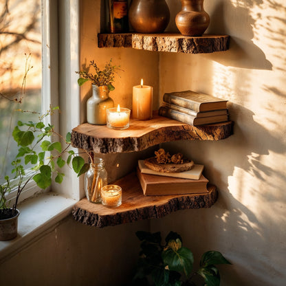 HearthNest Corner Shelf – Rustic Live Edge Floating Wall Decor - Bespoke Wood TTK