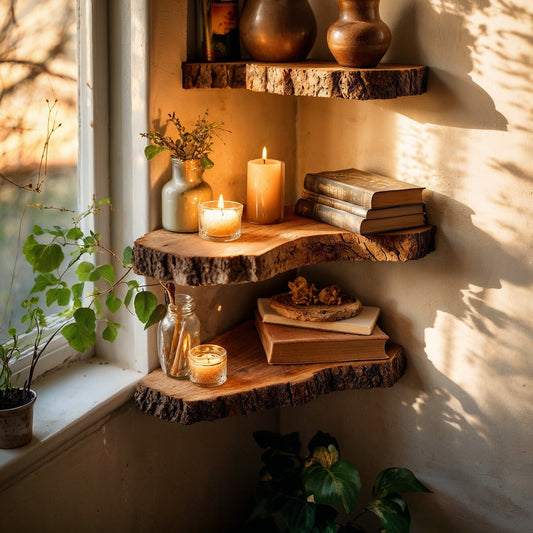 HearthNest Corner Shelf – Rustic Live Edge Floating Wall Decor - Bespoke Wood TTK