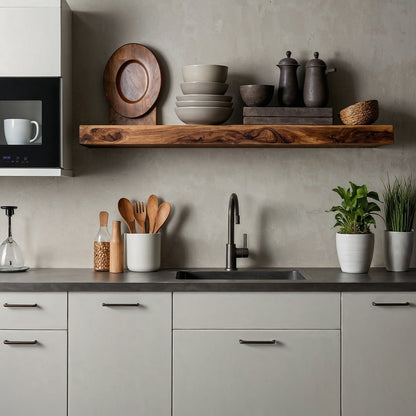 Woodara Floating Shelf – Handmade Live Edge Kitchen Shelf Above Counter - Bespoke Wood TTK