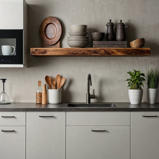 Woodara Floating Shelf – Handmade Live Edge Kitchen Shelf Above Counter - Bespoke Wood TTK