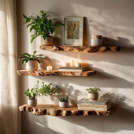 FernEdge Floating Shelf – Rustic Live Edge Wood Bookshelf for Cozy Home Decor - Bespoke Wood TTK
