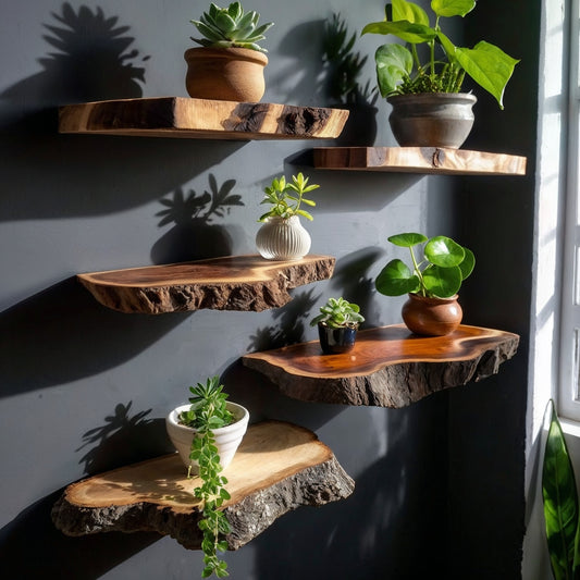 RootNest Floating Shelf Set – Live Edge Rustic Wood Wall Display for Plants & Books - Bespoke Wood TTK
