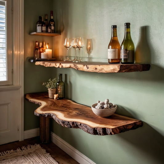 Oakmere Bar Shelf – Rustic Live Edge Floating Shelf for Wine & Spirits Display - Bespoke Wood TTK