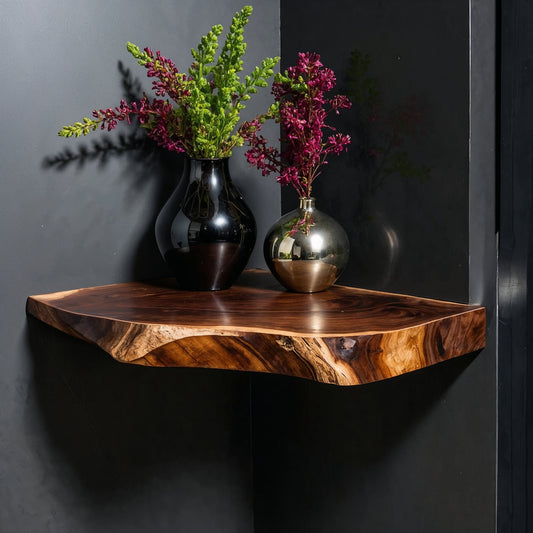 CornerNest Floating Shelf – Rustic Live Edge Wood Wall Corner Display - Bespoke Wood TTK