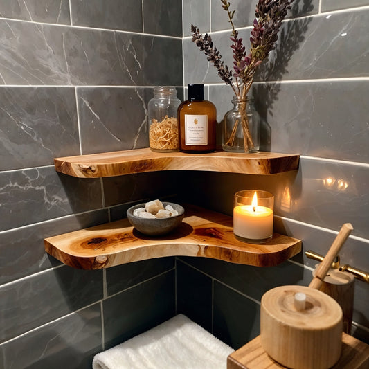 OakMist Corner Shelf – Live Edge Floating Wood Shelf for Rustic Bathroom & Spa Decor - Bespoke Wood TTK