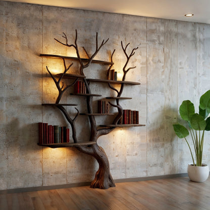 ShadowBark Tree Console Shelf – Handmade Driftwood Bookshelf with Wall-Mounted Lighting - Bespoke Wood TTK