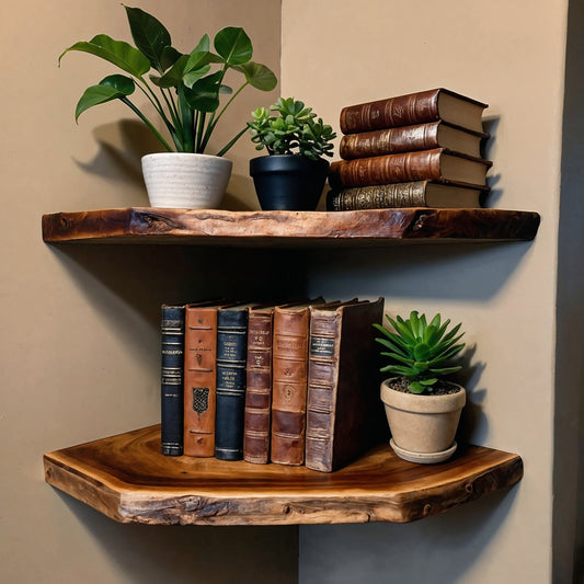CornerRoot Floating Shelf – Handmade Rustic Live Edge Wooden Wall Display - Bespoke Wood TTK